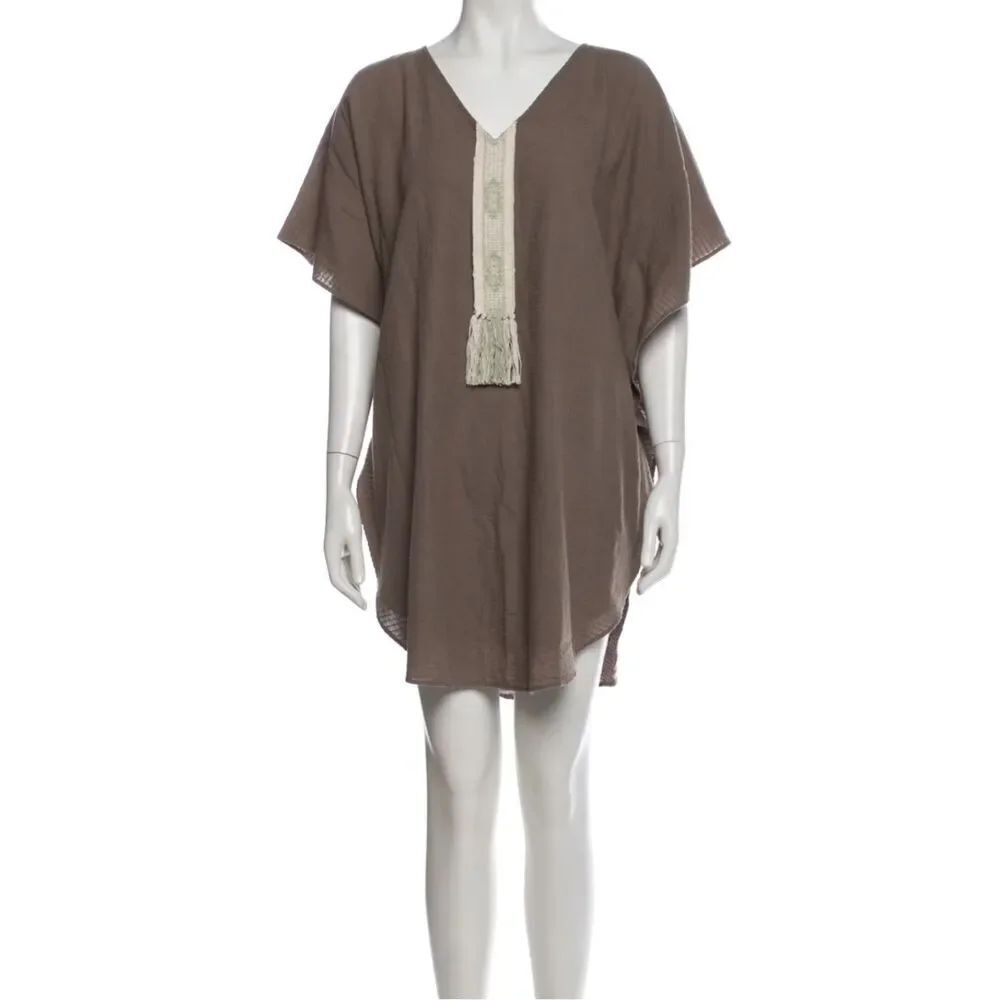 Mirth V-Neck Caftan Mini Dress Tunic Top Sage Green Womens One Size